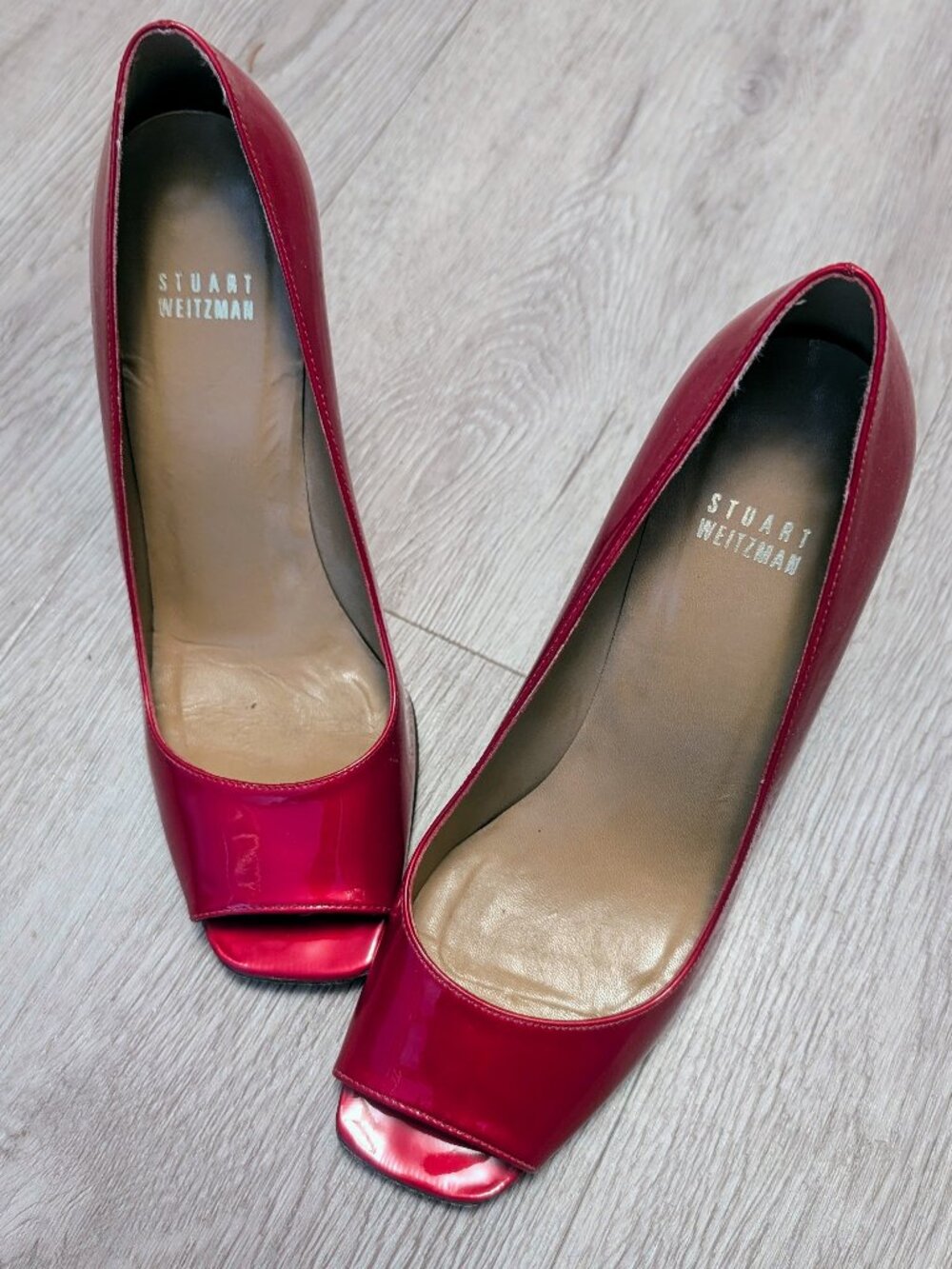 Stuart Weitzman Red Patent Leather Peep Toe Heels